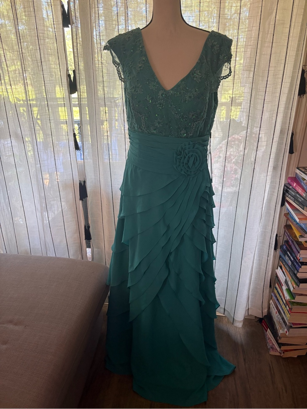 JJs House Teal Lace V-Neck Maxi with Tiered Ruffle Skirt and Rosette